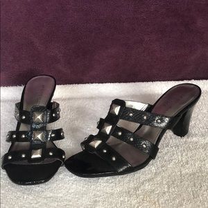 Anne Klein Silver and Black Slip on Sandals